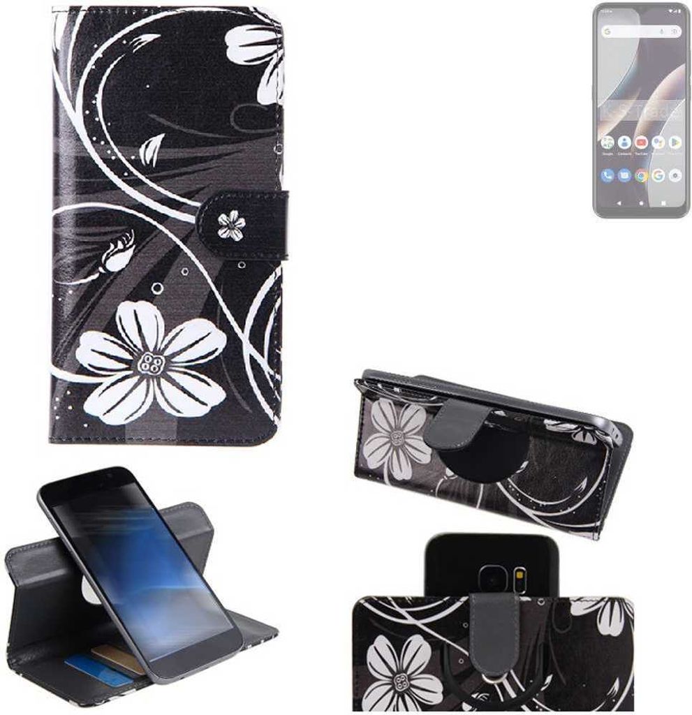 K-S-Trade Schutzhülle Handyhülle kompatibel mit BLU G63 Hülle 360° Wallet Case “Flowers“ Klapphülle Hülle schwarz-weiß 1x