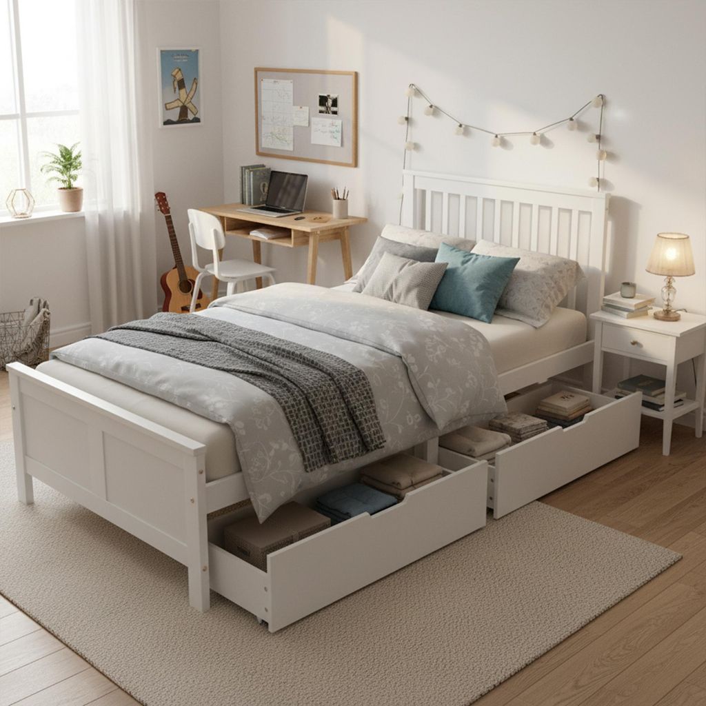 MODFU Jugendbett 90x200cm Massivholzbett mit Lattenrost und 2 Schubladen, Klassisches Bett Einzelbett Gästebett, Weiß(mit Matratze)