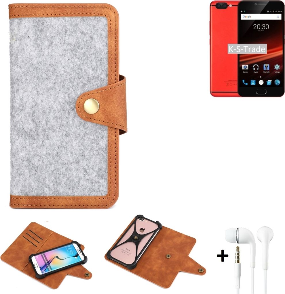 K-S-Trade Handyhülle + Kopfhörer kompatibel mit UMIDIGI Z1 Pro Schutzhülle Filz Hülle Kunstleder hellgrau braun (1x)