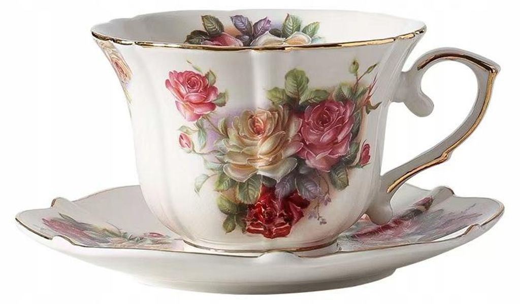 Englische Vintage-Porzellantasse mit Rosenmuster und Produktbild 