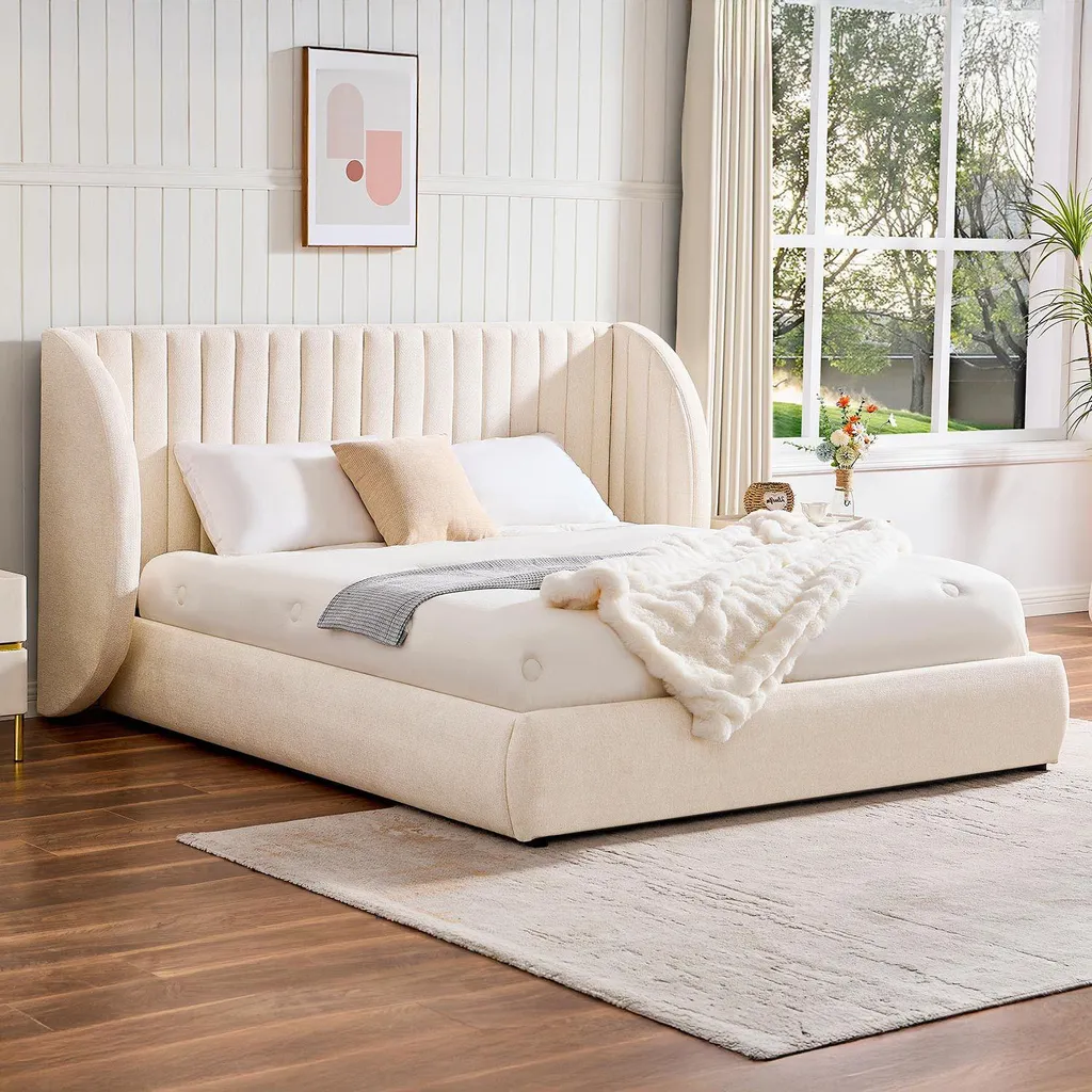 Lit Double avec Coffre de Rangement 160x200 et Tête de Lit Cocon Beige