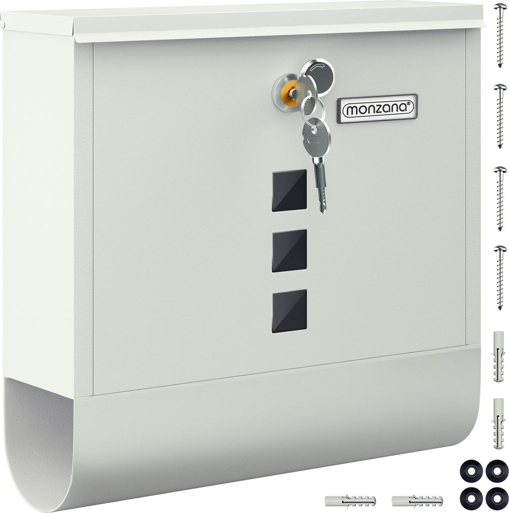 A white mailbox with keys and mounting hardware shown.