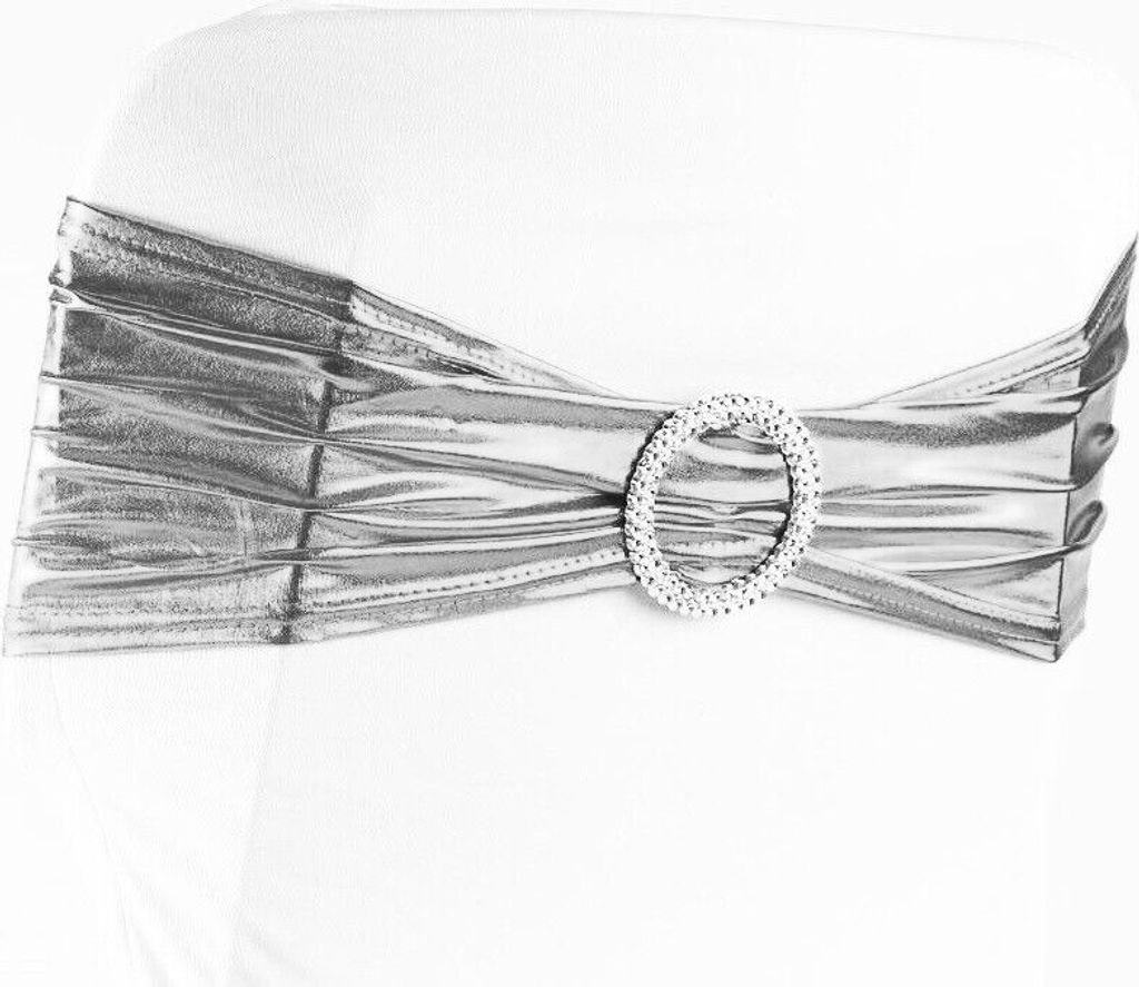 Stuhlschleifen Stretch, metallic Silber - elastische Schleifenbänder mit Schnalle