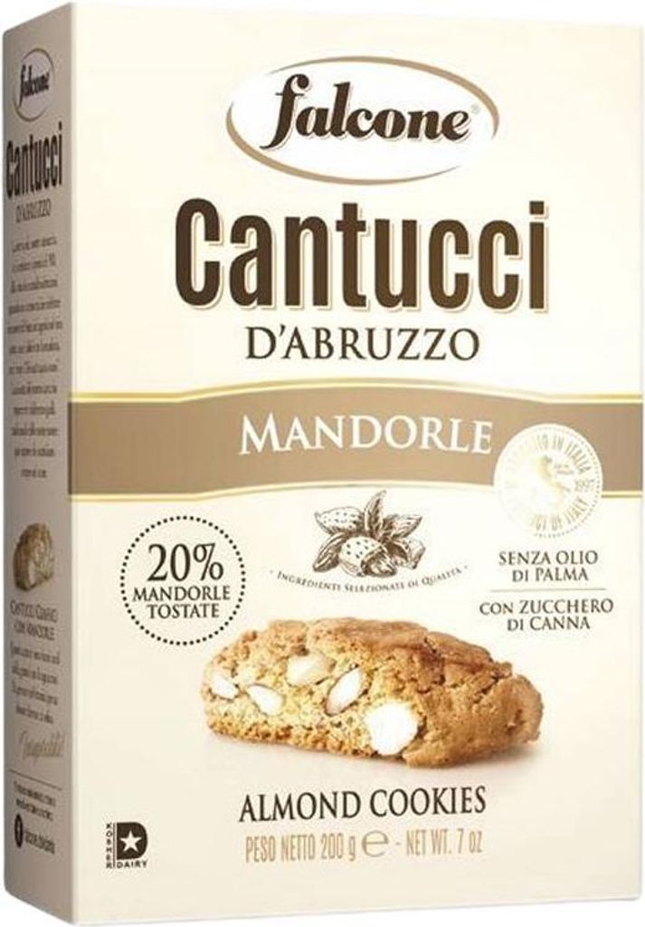 The image shows the front of a Falcone Cantucci D'Abruzzo Mandorle (Almond Cookies) package.