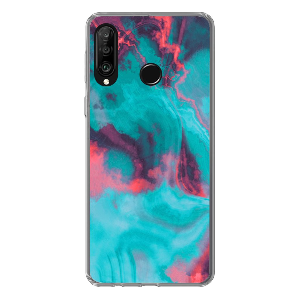 MuchoWow Handyhülle Schutzhülle Hülle für Huawei P30 Lite Abstrakt - Neon - Rosa - Blau Silikon Softcase Handy Hülle - Handyhülle - Geburts...