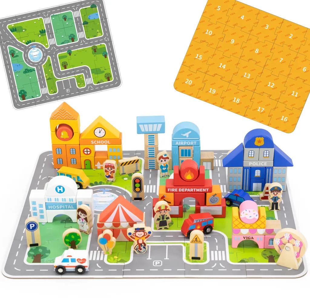 Viga Ensemble en Bois Construire une Ville avec Blocs et Figurines 75 pcs