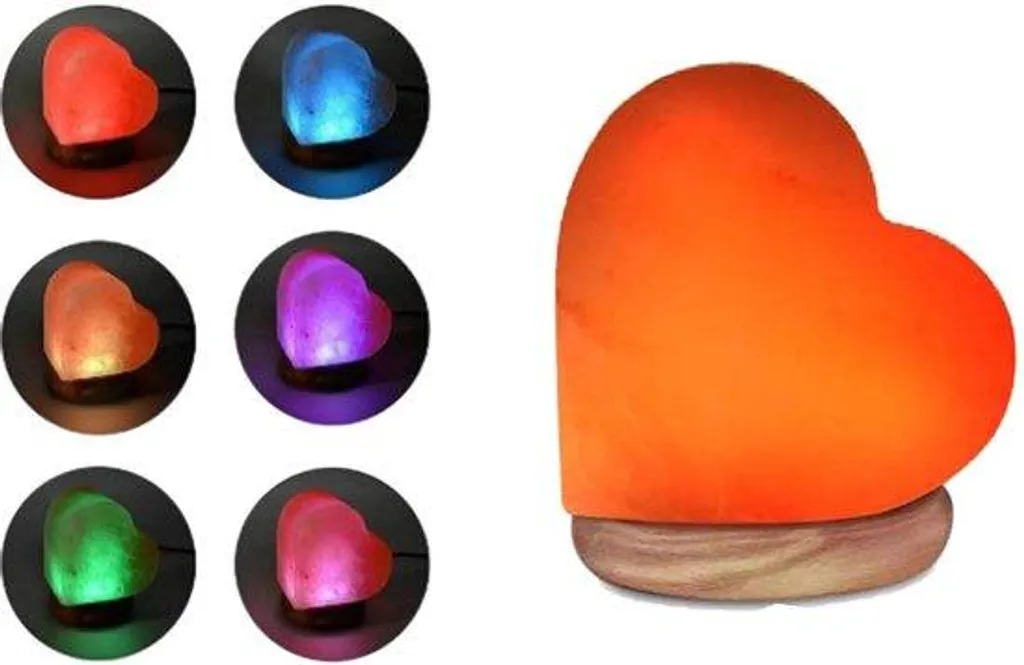 Lampe au sel cœur LED USB avec socle bois et lumière chaude relaxante