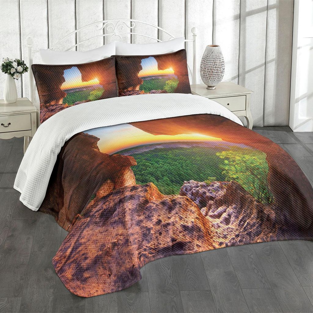 ABAKUHAUS natürliche Höhle Tagesdecke Set, Schlucht Zur Sonnenuntergang Zeit Von Der Höhle Erforschung Thema Geheimen Perspektive, 220 x 220 cm,...
