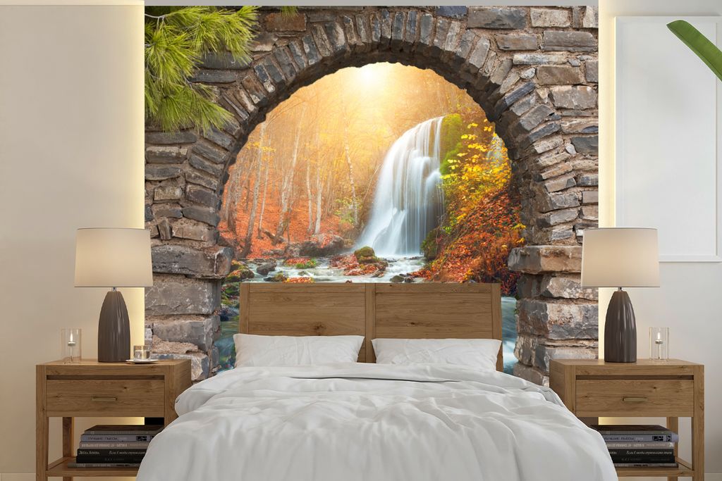 MuchoWow Fototapete für Wohnzimmer oder Schlafzimmer Wandtapete Vinyl Motivtapete Aussicht - Wasserfall - Herbst - Landschaft - 280x280 cm - Hin...