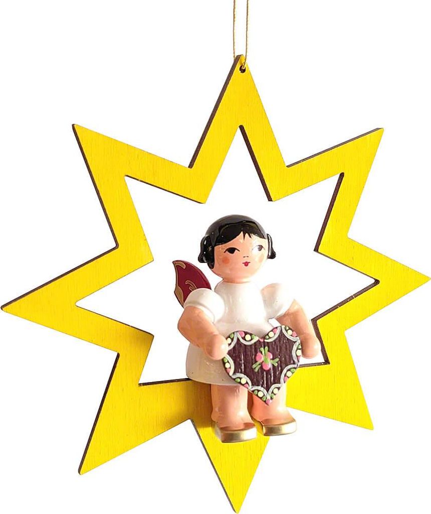 Engel mit Lebkuchenherz - Rote Flügel - sitzend im Stern gelb (10,5cm) von Kunstgewerbe Uhlig