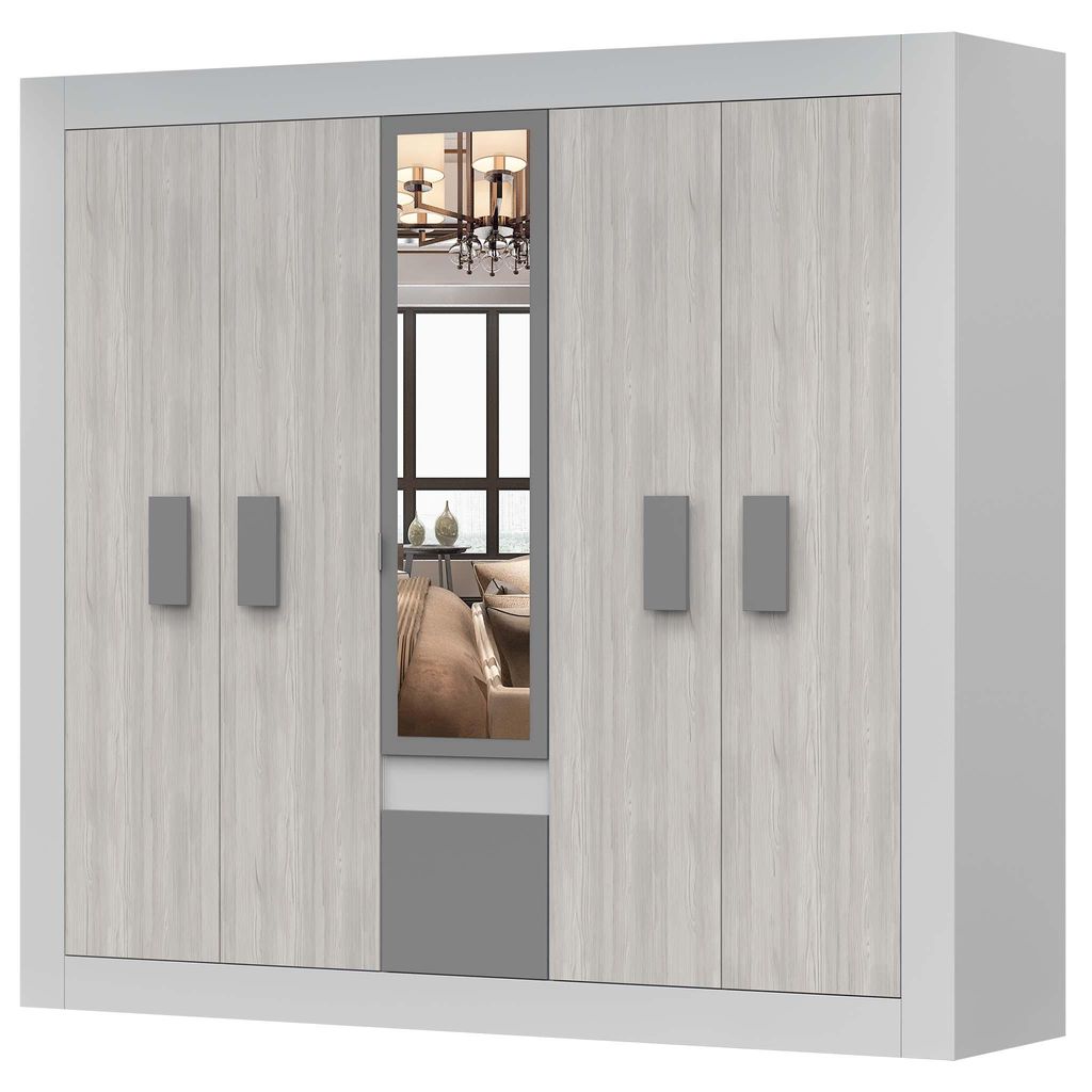 drehtürenschrank schrank kleiderschrank 230 cm weiss/kathult mit spiegel  schublade und fünf drehtüren helios