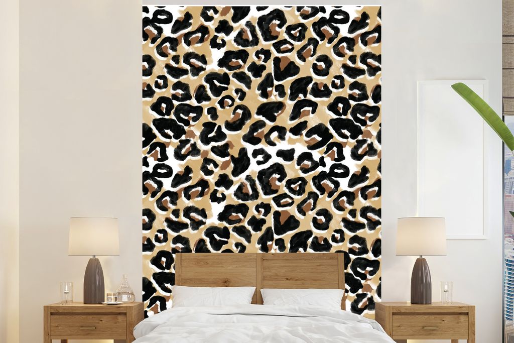 MuchoWow Fototapete für Wohnzimmer oder Schlafzimmer Wandtapete Vinyl Motivtapete Pantherdruck - Aquarellfarbe - Braun - Schwarz - 195x300 cm - ...