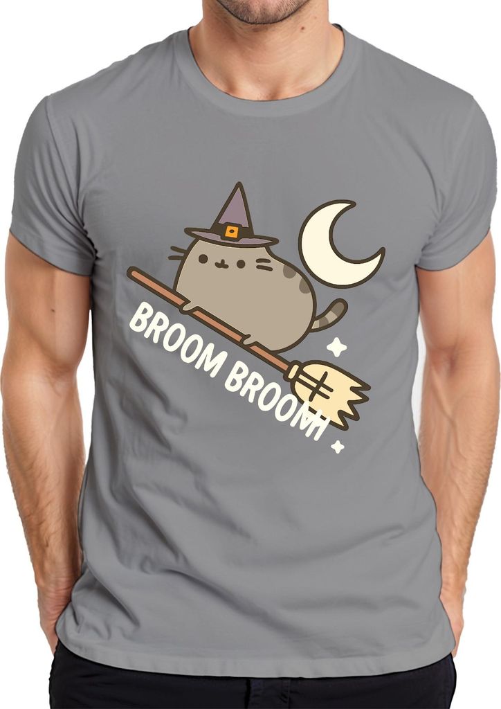 Süße Hexenkatze Niedlich Besen Halloween Mond Cartoon Katze Stern Herren T-Shirt, Grau, XL