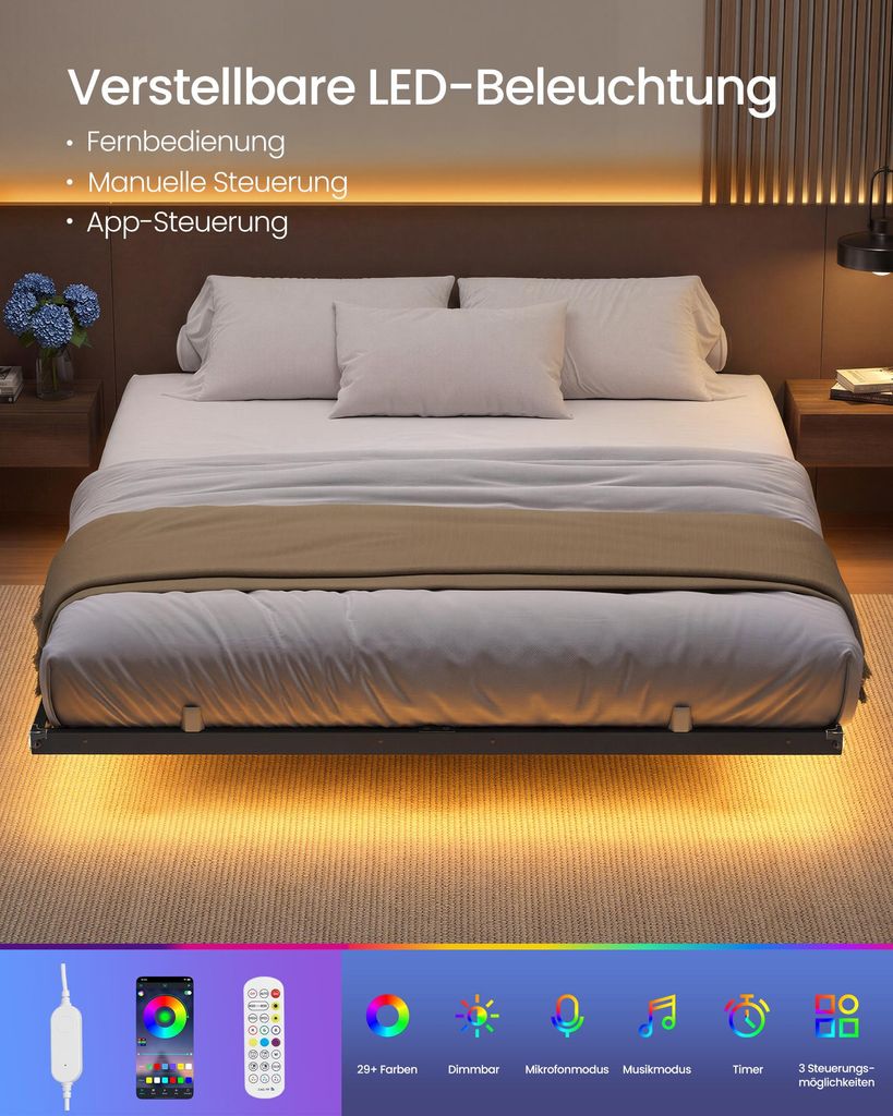 VASAGLE Bettgestell 160 x 200 cm mit LED-Beleuchtung, Produktbild 