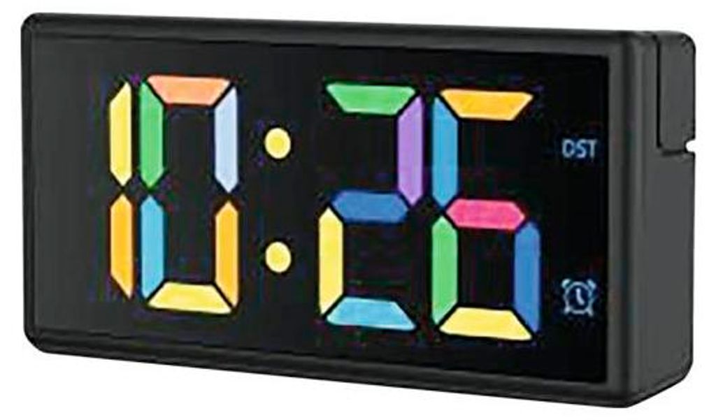 A digital alarm clock with a multicolor display showing the time 10:25.