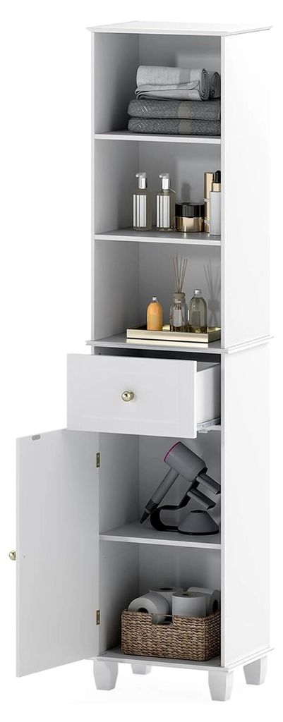 Hochschrank 172 cm, Schmaler Badschrank mit 3 offenen Regalen, 1 Schublade, 1 Tür & Verstellbarem Ablage, 40 x 30 cm Freistehender Badezimmerschra...