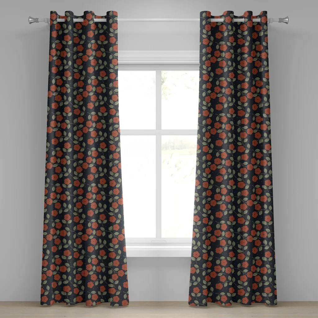 ABAKUHAUS Tenda con occhielli artistica da giardino, sfondo scuro punteggiato con sagome di fiori e foglie, tende decorative a 2 pannelli, 280 cm x 175 cm, blu notte verde rubino