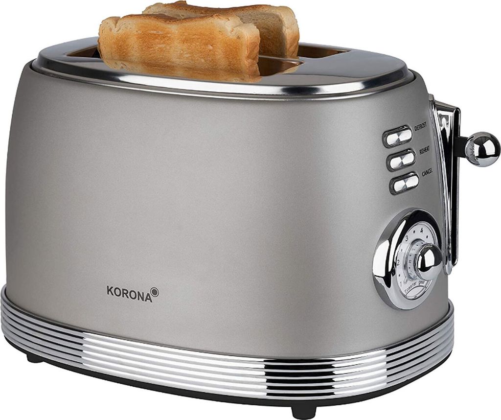 A retro-style toaster with two slices of toast in it, against a white background.