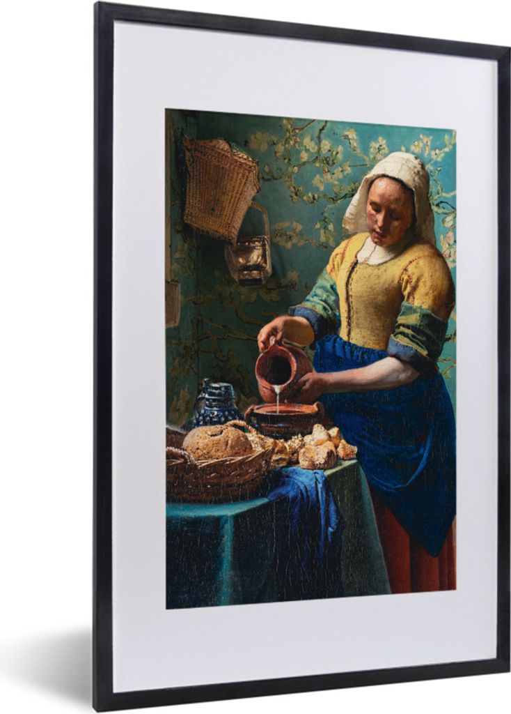 MuchoWow Gerahmtes Poster Milchmädchen - Mandelblüte - Van Gogh - Vermeer - Gemälde - Alte Meister 40x60 cm - Poster mit Schwarzem Bilderrahme...
