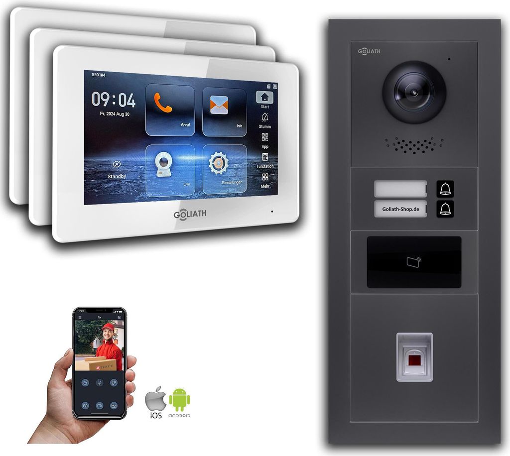Goliath 2-Draht BUS Video Türsprechanlage: 2 Familienhaus, RFID, Zahlencode, Silber : Aufputzdose : 7 Zoll in Weiß Monitor Auswahl: 7 Zoll in Wei...