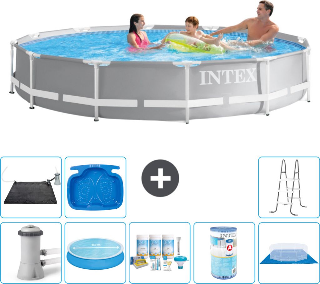 Intex Round Prism Frame Swimming Pool – 366 x 76 cm – Grau – inklusive Pumpe Sonnensegel - Wartungspaket - Filter - Bodenplane - Solarmatte -...
