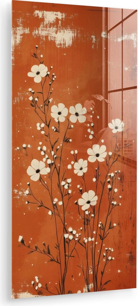 MuchoWow Glasbilder - Bilder auf Wandbild - Foto auf Glas Blumen - Weiß - Dezent - Rostfarbe 40x80 cm Wanddekoration aus Glas - Acrylglasbild - Ac...