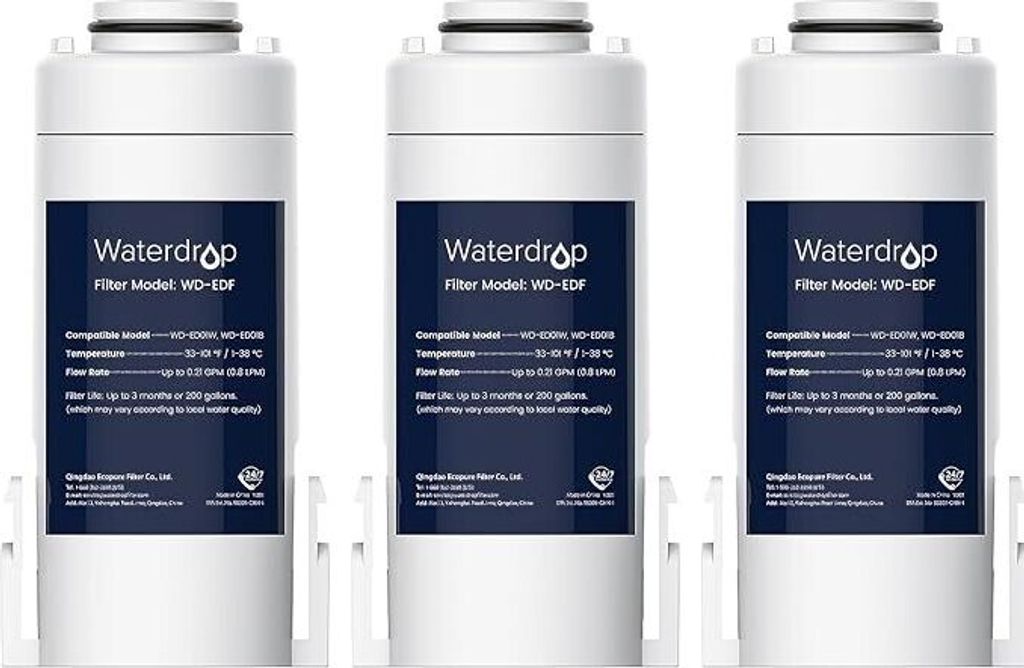 Three white water filter cartridges arranged side-by-side.