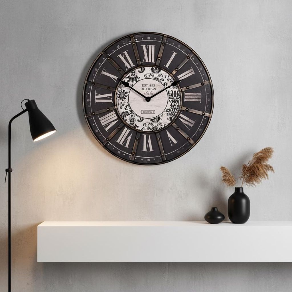 Mucola Wanduhr Dekouhr 33CM Holz Grau Analog Motivuhr Wohnzimmer Küchenuhr Vintage Shabby Chic Uhr Quartz Bürouhr - London Schwarz