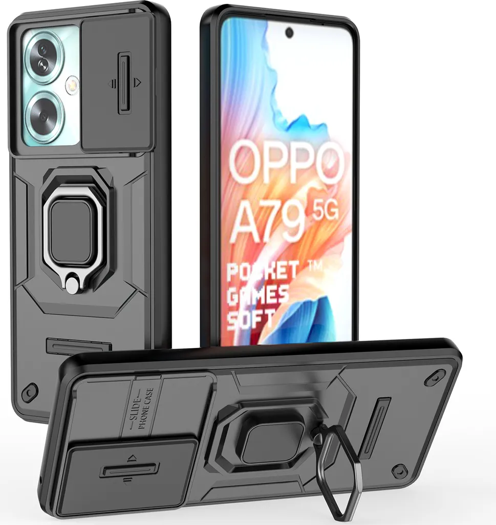 Custodia Militare Oppo A79 5G: Protezione Fotocamera e Ring Holder Nero