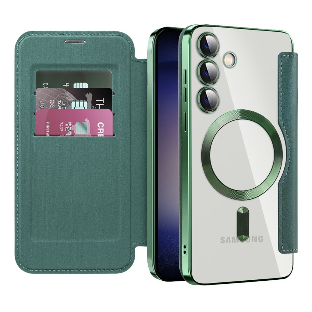 Klapphülle für Samsung Galaxy S24+ Kompatibel mit Magsafe, Klar Überzug Kartenhalter Ledertasche mit Kameraschutz Grün