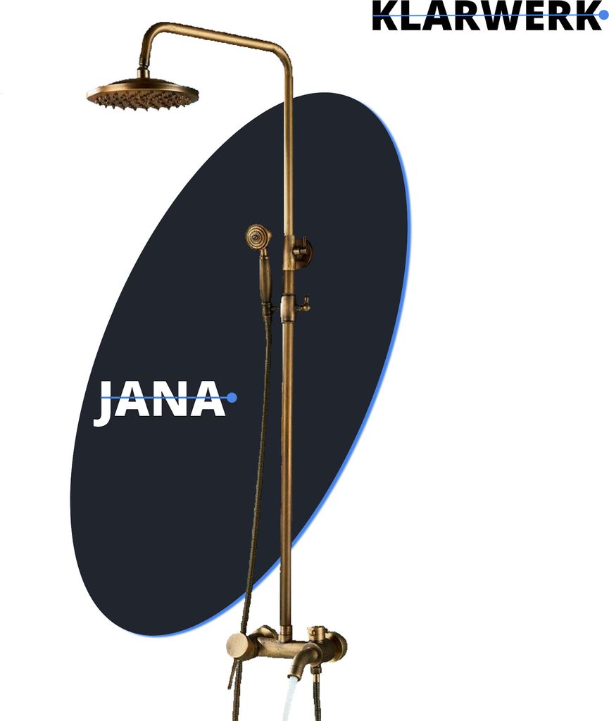 JANA | Vintage Regendusche Set Messing unlackiert Edelstahl | Retro Design Duscharmatur Duschsystem | Mischbatterie Dusche komplett mit Handbrause