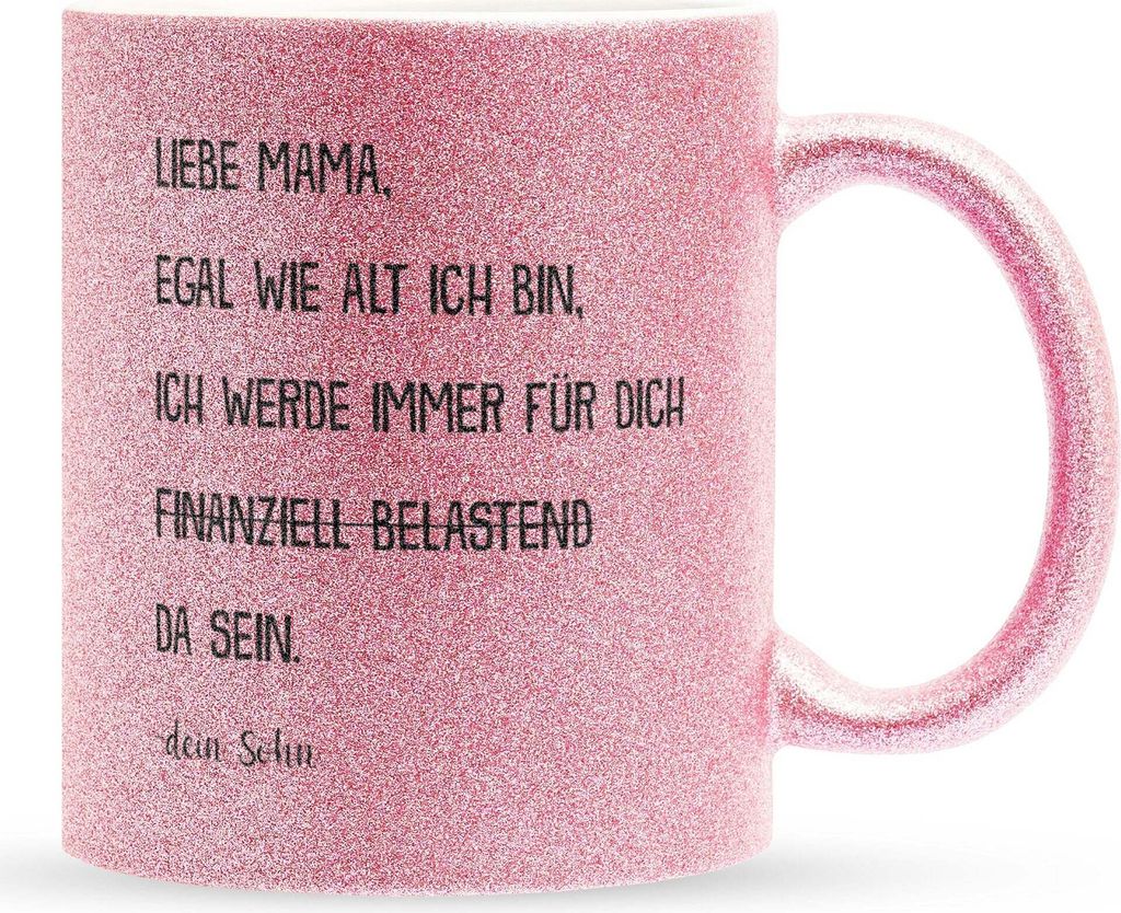 22Feels Glitzertasse Pink Mama Geschenk von Sohn Muttertag Geburtstag Mutter Weihnachten Kaffeetasse Frauen Geschenkidee Bürotasse