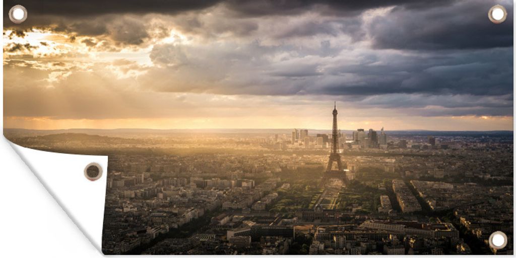 MuchoWow 80x40 cm Outdoor-Poster Gartendeko Sichtschutz Garten Poster für den Garten Schöne Skyline über Paris mit hellen Sonnenstrahlen, die...
