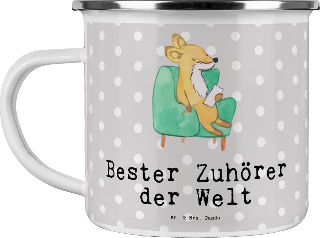 Mr. & Mrs. Panda Teetasse Fuchs Bester Zuhörer der Welt - Grau Pastell - Geschenk, Emaille Tasse, Becher, Blechtasse, Danke, Haferl, Hilfe, Gesche...