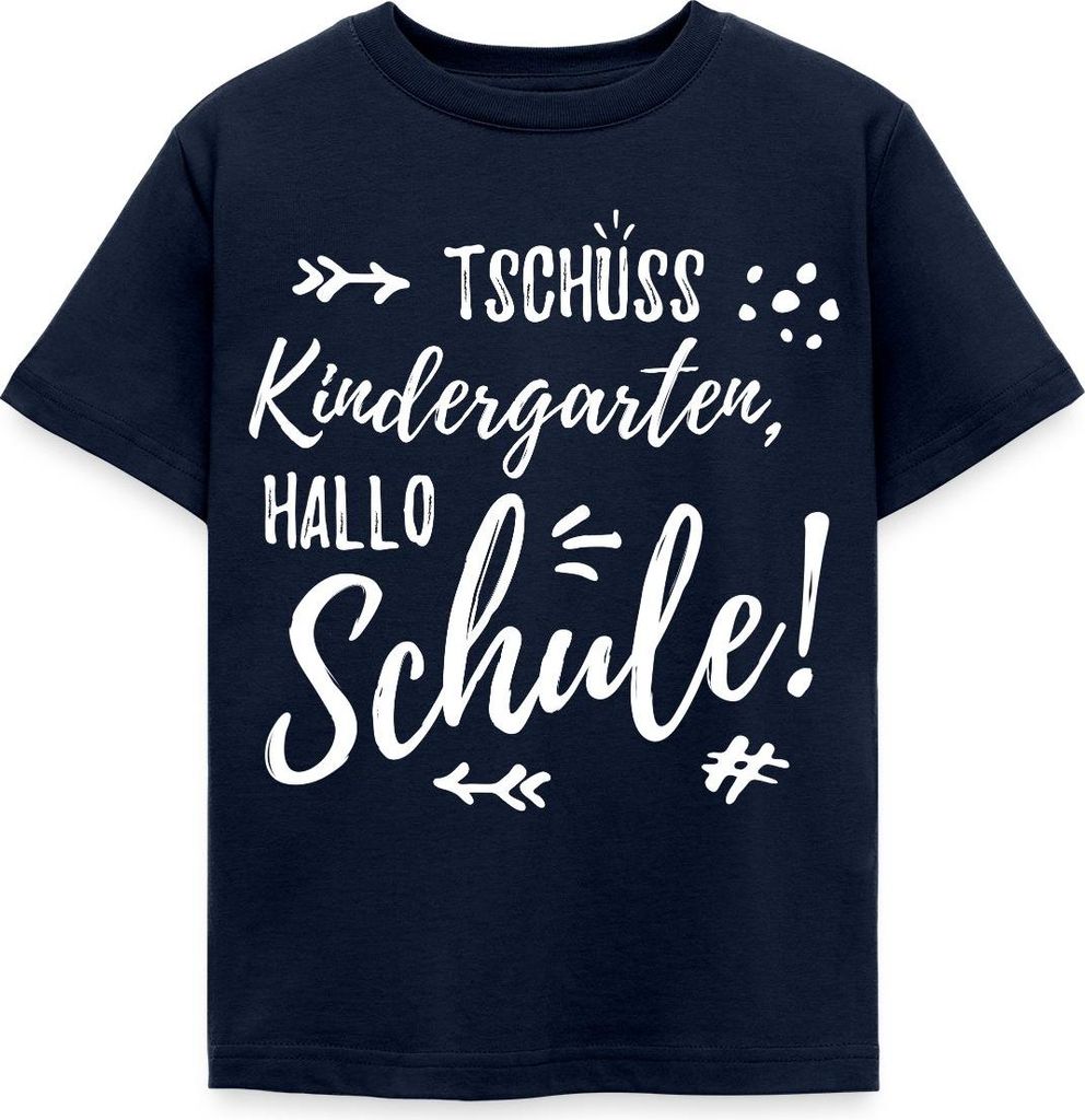 Spreadshirt Einschulung Tschüss Kindergarten Hallo Schule Typografie Kinder T-Shirt, 110/116 (5-6 Jahre), Navy