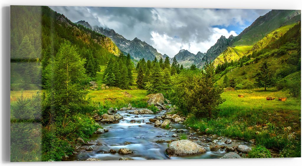 DEQORI Glasbild Echtglas 60x30 cm 'Idyllischer Bergfluss' Wandbild Bild modern Deko