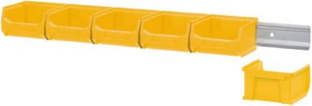 Wandleiste mit 6x Gelbe Sichtlagerbox 1.0 | HxBxT 6,1x60,5x10cm | Wandhalterung, Kleinteileaufbewahrung, Sortimentsboxhalterung
