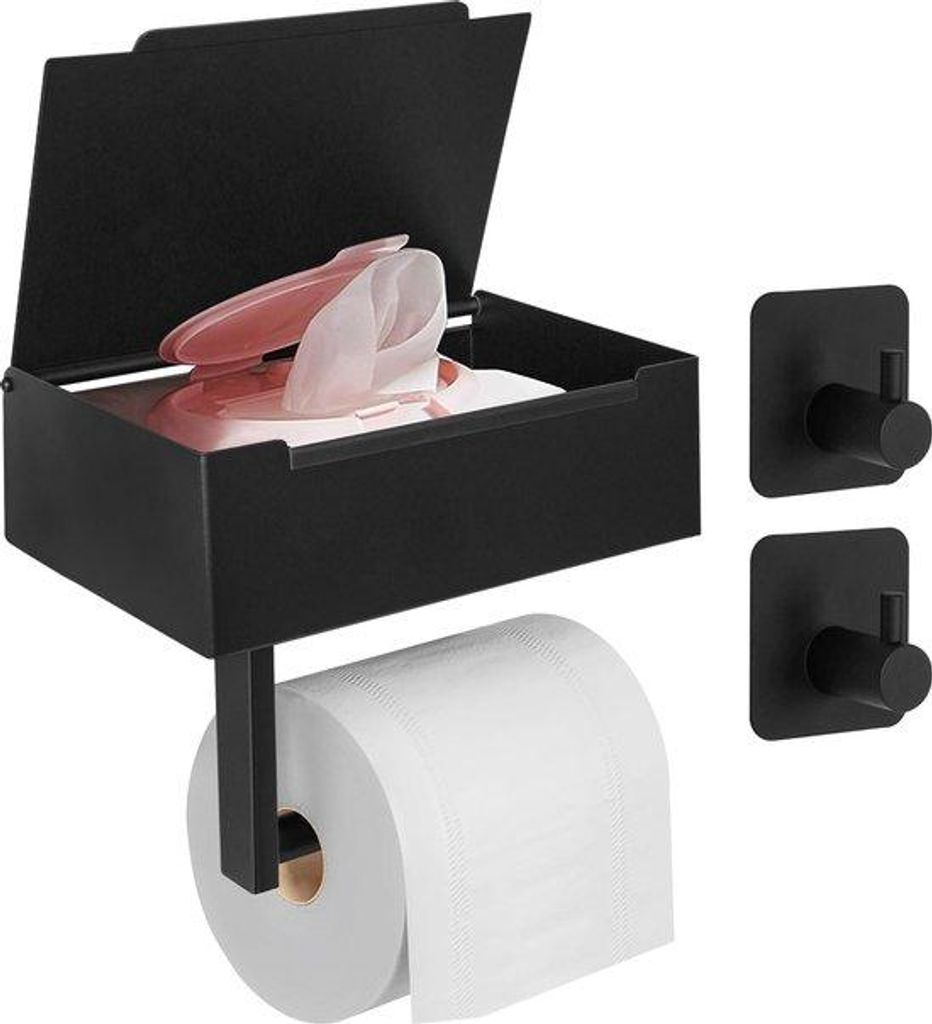 Roestvrijstalen toiletrolhouder zwart, zelfklevend met 2 haken, voor vochtige doekjes, wandmontage, badkamer.