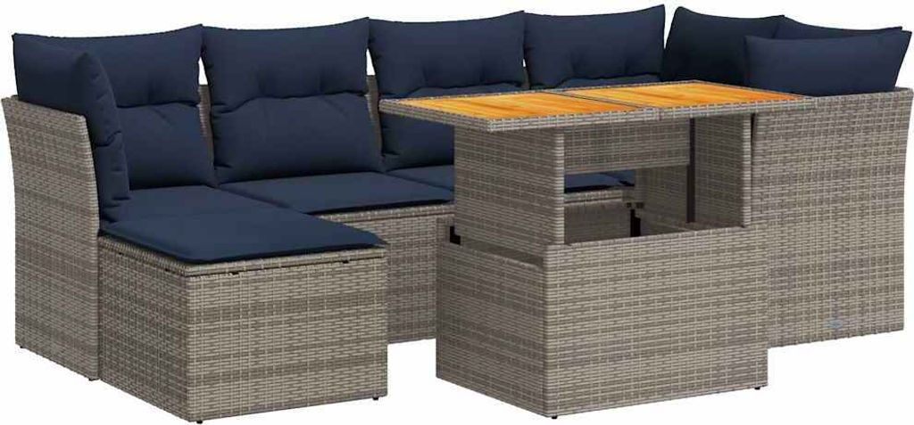 7-tlg. Garten-Sofagarnitur mit Kissen Grau Poly Rattan