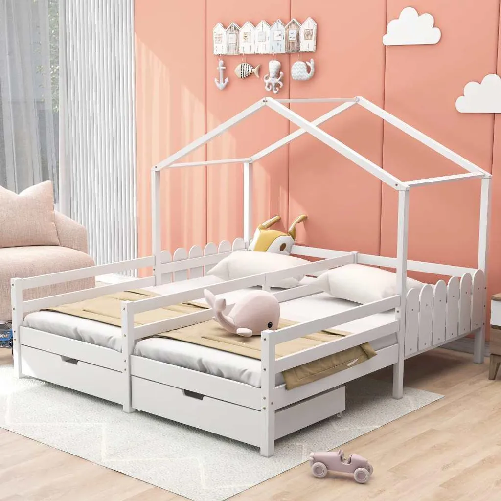 Lit enfant 90x200 blanc avec tiroirs sur roulettes et barrière haute