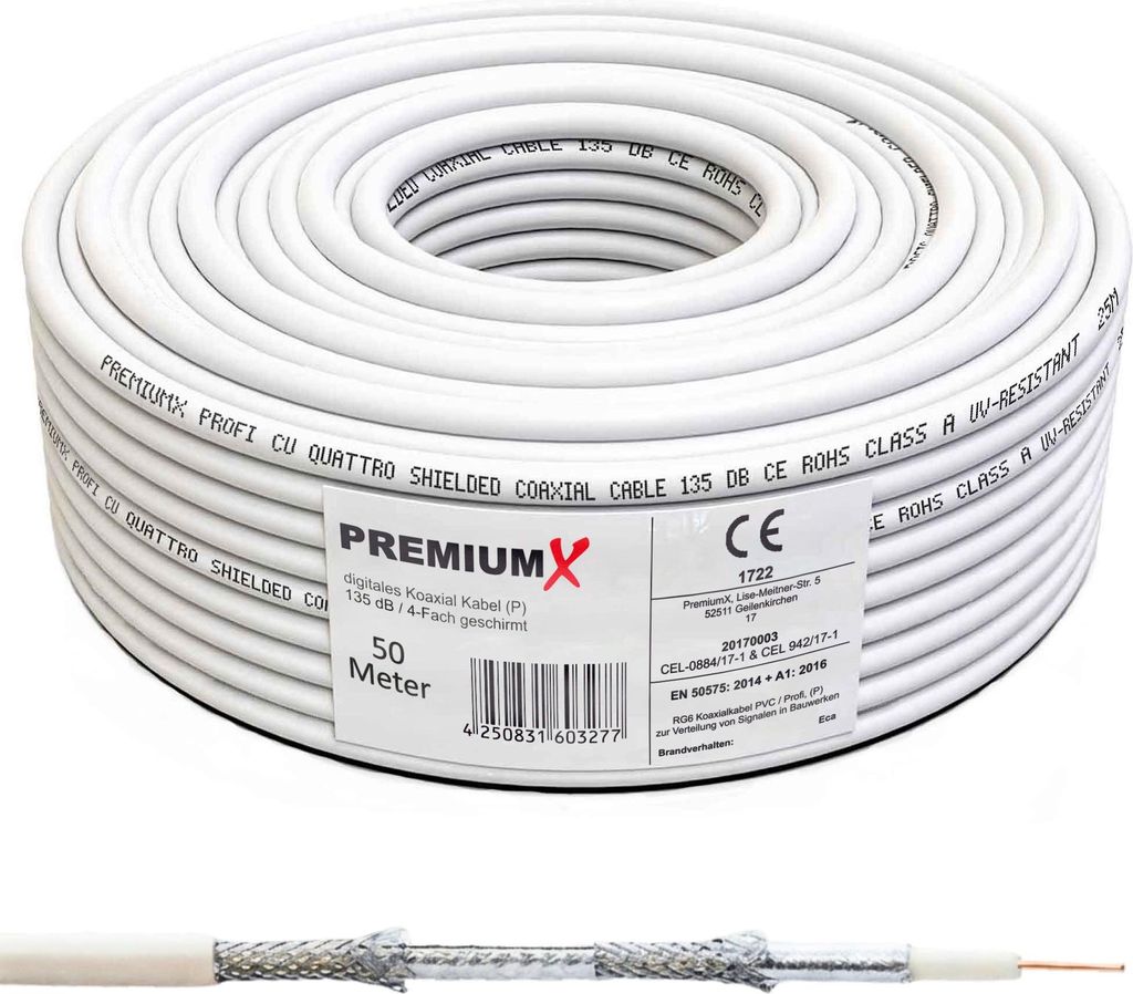PremiumX 50m PROFI Koaxialkabel 135dB CU 4-fach Antennenkabel