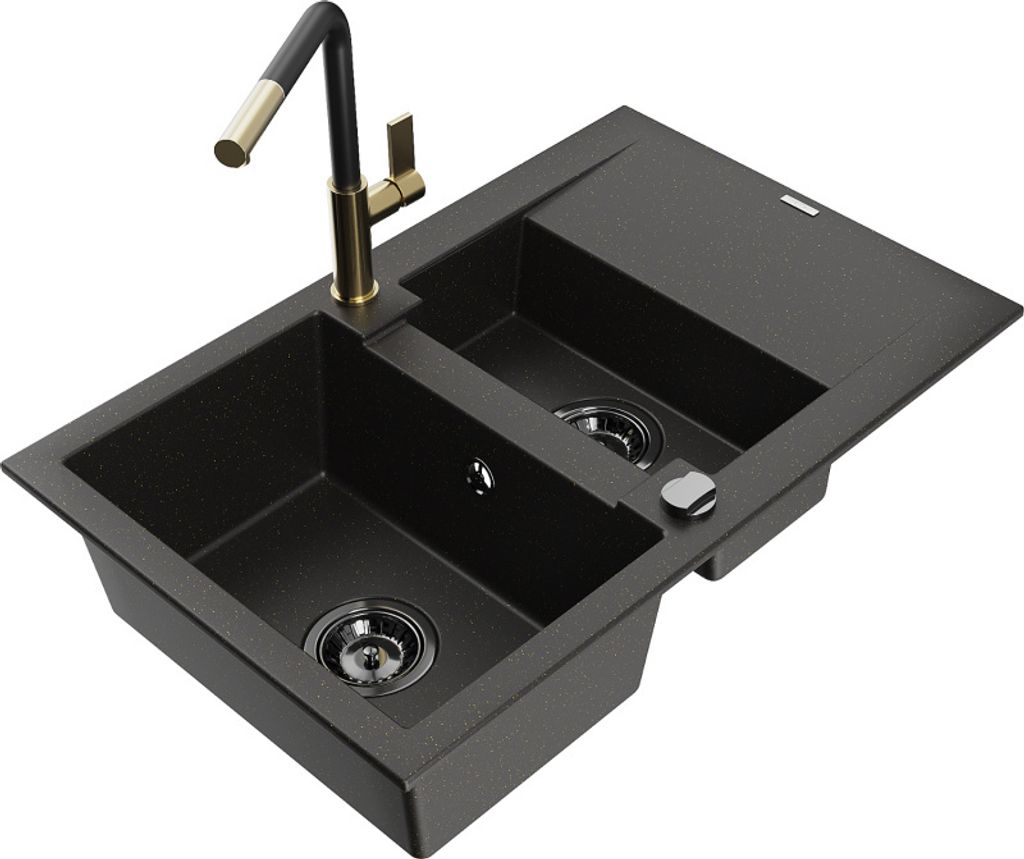 Mexen Gaspar 1,5-Becken-Granitspüle mit Abtropffläche und Mischbatterie Flora, Schwarz/gold - 6507-75-670401-57-B