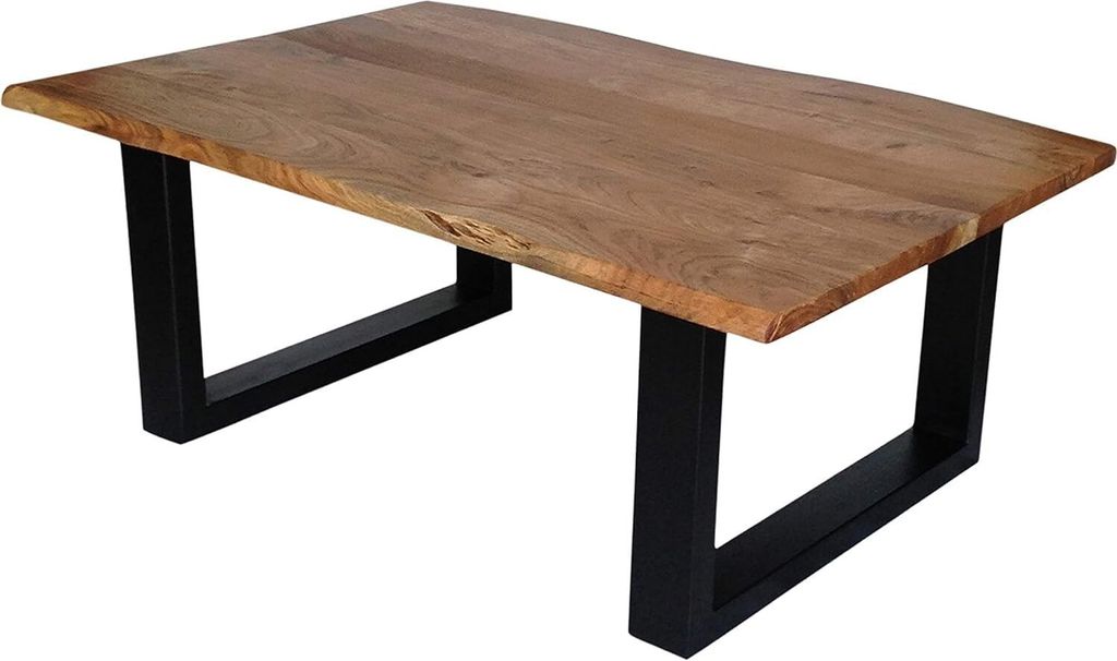 Couchtisch 100 x 70 cm Insa, echte Baumkante, Akazienholz naturfarben, massiver Sofatisch, U-Metallgestell Schwarz, 26mm Platte