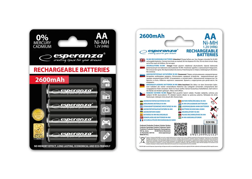 Accumulateurs AA Rechargeables 2600 mAh Esperanza EZA106 - Lot de 4 Piles