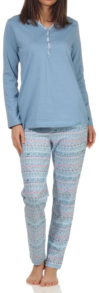 Normann Damen Schlafanzug langarm Pyjama mit Bündchen im Ethnolook - auch in Übergrößen ; hellblau , 52