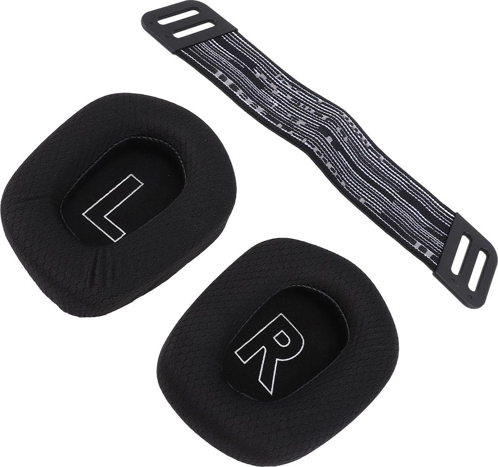 A set of black ear pads and a black headband strap for a gaming headset, laid out on a white background.