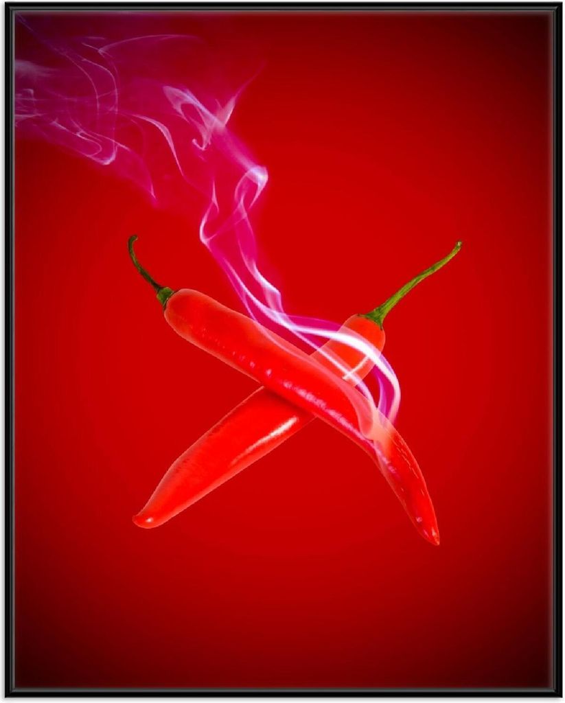 Wallario Wandbild Rauchende Chili-Schoten im Duo vor rotem Hintergrund, Größe: 40,30 x 50,30 cm, Poster mit schwarzem Aluminiumrahmen