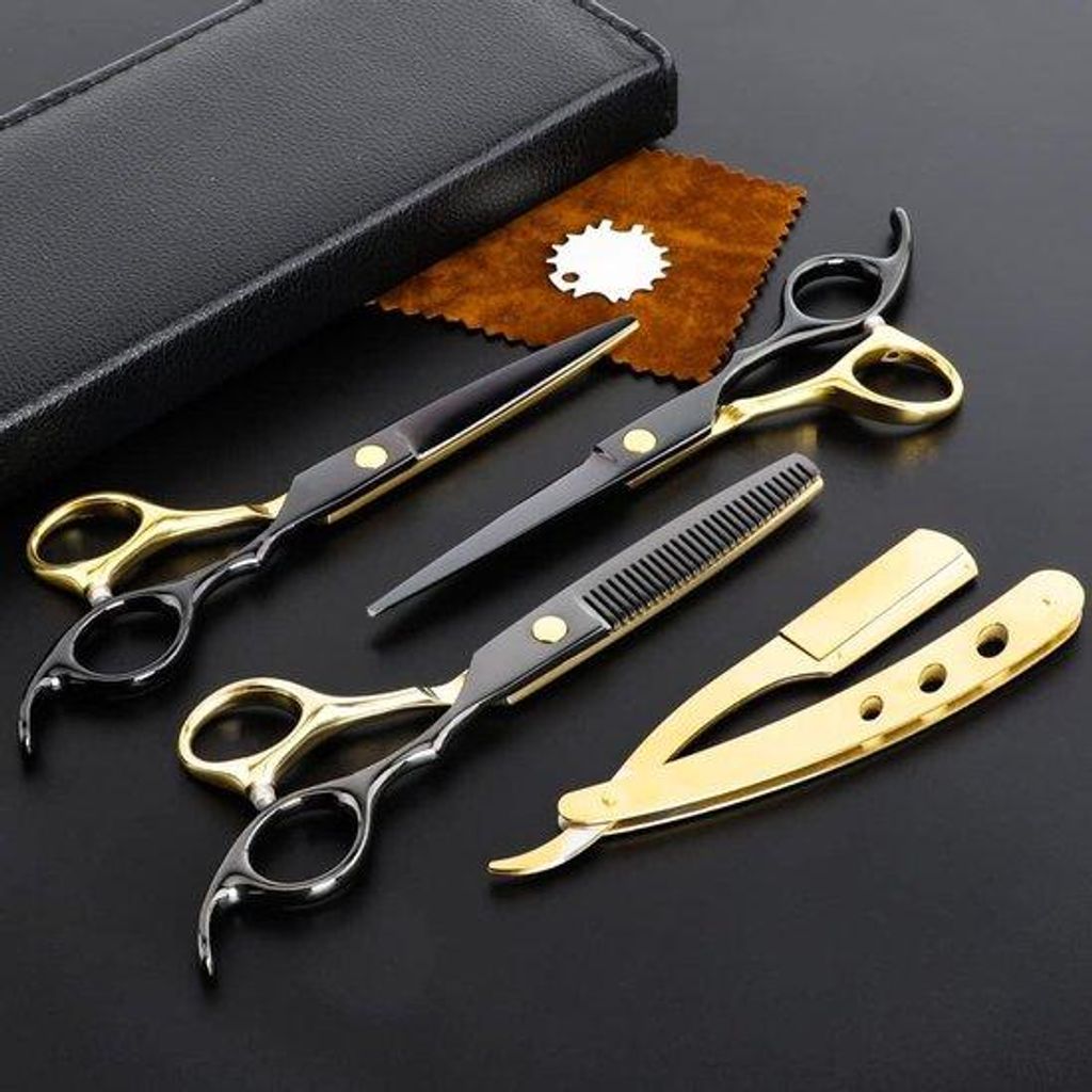 Professionelle schwarze goldene Haarschere aus Edelstahl, Haarknipset, Salon-Multifunktions-Schere, Recht-Knick-Gerät