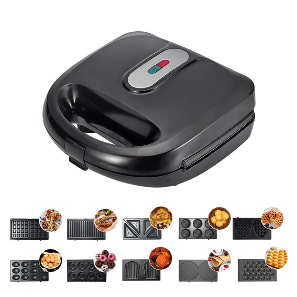10-in-1 Elektrischer Multifunktional Fruehstuecksmaschine, Sandwich-Maker, mit 10 Antihaftplatten, für Waffeln, Donuts, Kuchen, Schwarz