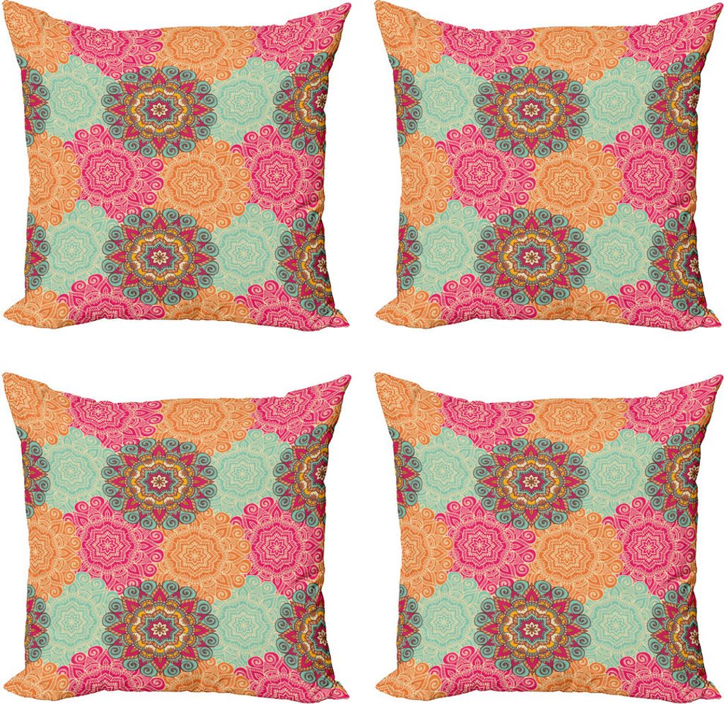 ABAKUHAUS Mandala Kissenbezug Set (4 Stück), Antike Stammes- Mandala, Moderner Doppelseitiger Digitaldruck, 45 cm x 45 cm, Fuchsia orange